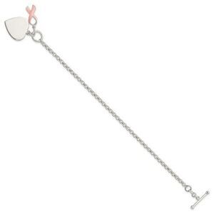 Sterling Silver Fancy Engraveable Heart with Pink Ribbon Charm Bracelet